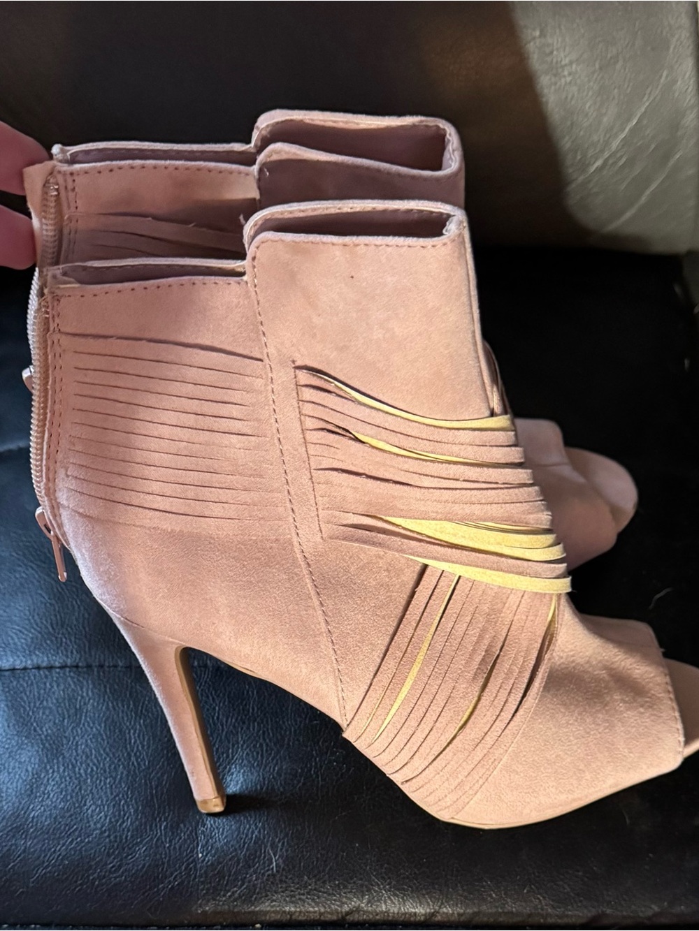 Suede Fringe Peep-Toe Heels in Blush Pink